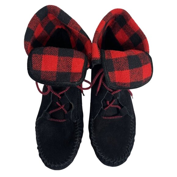 Minnetonka Black Suede Fold Over Plaid Hi Top Ankle Boots Lace Up SZ 9.5 EUC - Picture 3 of 7